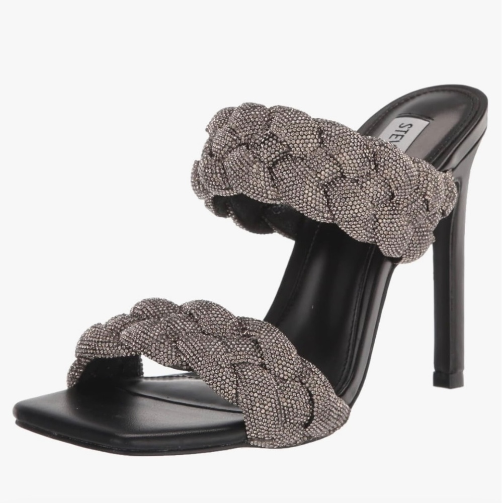 Steve Madden Kenley Women's Braided Black Rhinestone Heeled Sandals Sz 8